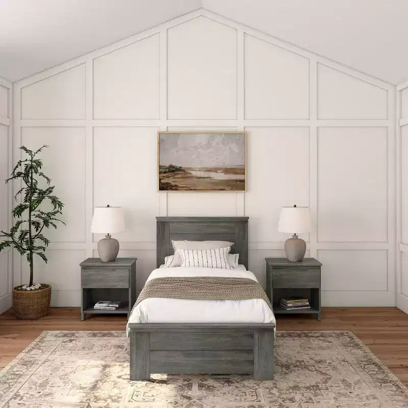 Farmhouse Twin Bed Frame with Headboard, Solid Wood Platform Bed