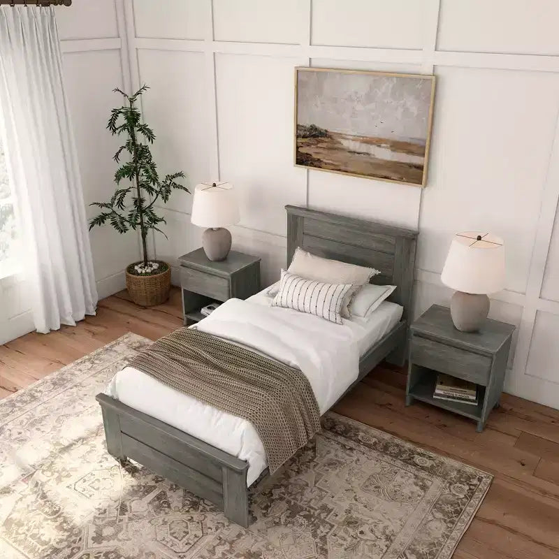 Farmhouse Twin Bed Frame with Headboard, Solid Wood Platform Bed