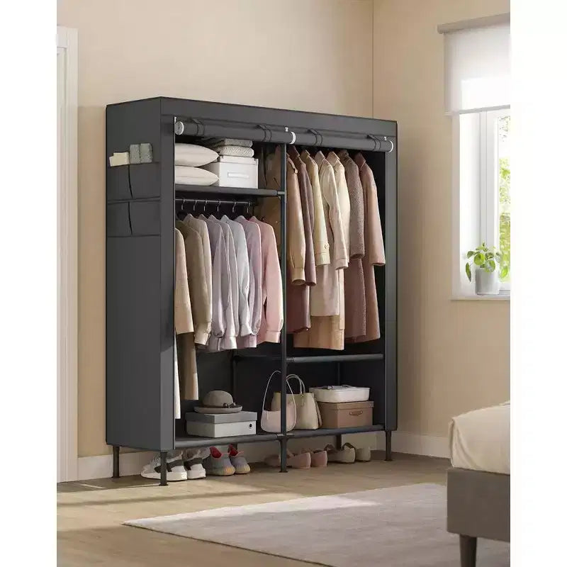65-Inch Heavy Duty Portable Wardrobe Closet with Cover, 2 Hanging Rails, Black
