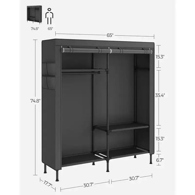 65-Inch Heavy Duty Portable Wardrobe Closet with Cover, 2 Hanging Rails, Black