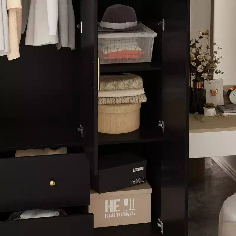 Modern Wardrobe with Mirror, 4-Door Armoire with Drawers