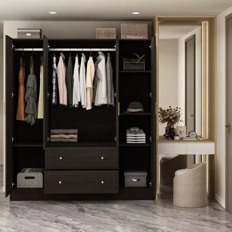 Modern Wardrobe with Mirror, 4-Door Armoire with Drawers