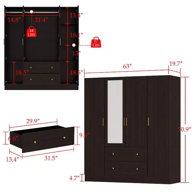 Modern Wardrobe with Mirror, 4-Door Armoire with Drawers