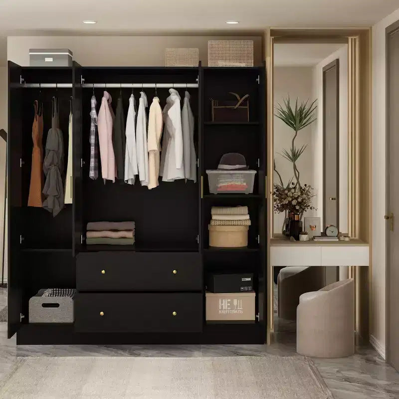 Modern Wardrobe with Mirror, 4-Door Armoire with Drawers