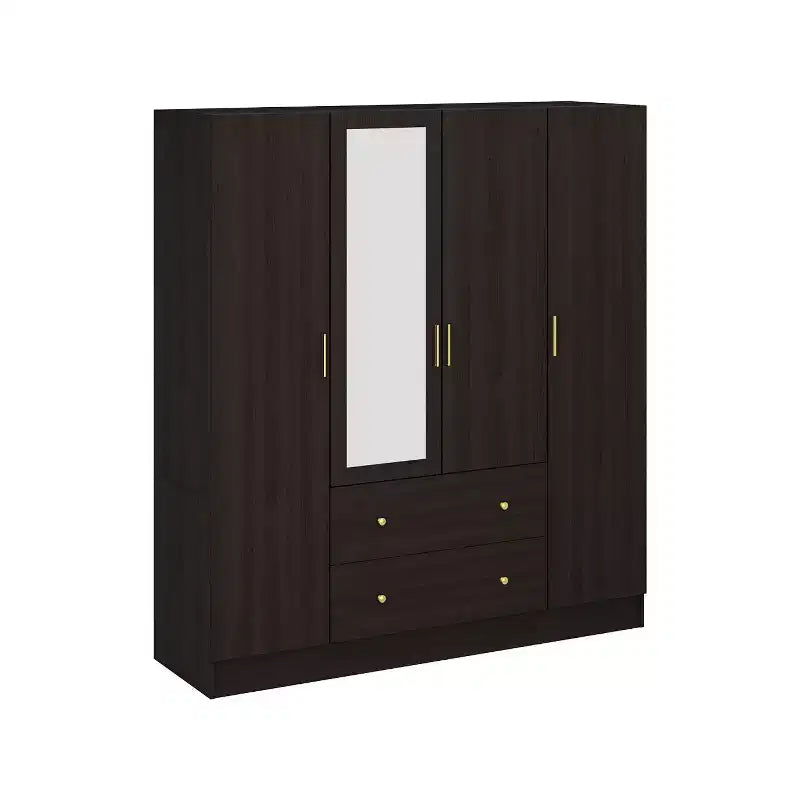 Modern Wardrobe with Mirror, 4-Door Armoire with Drawers