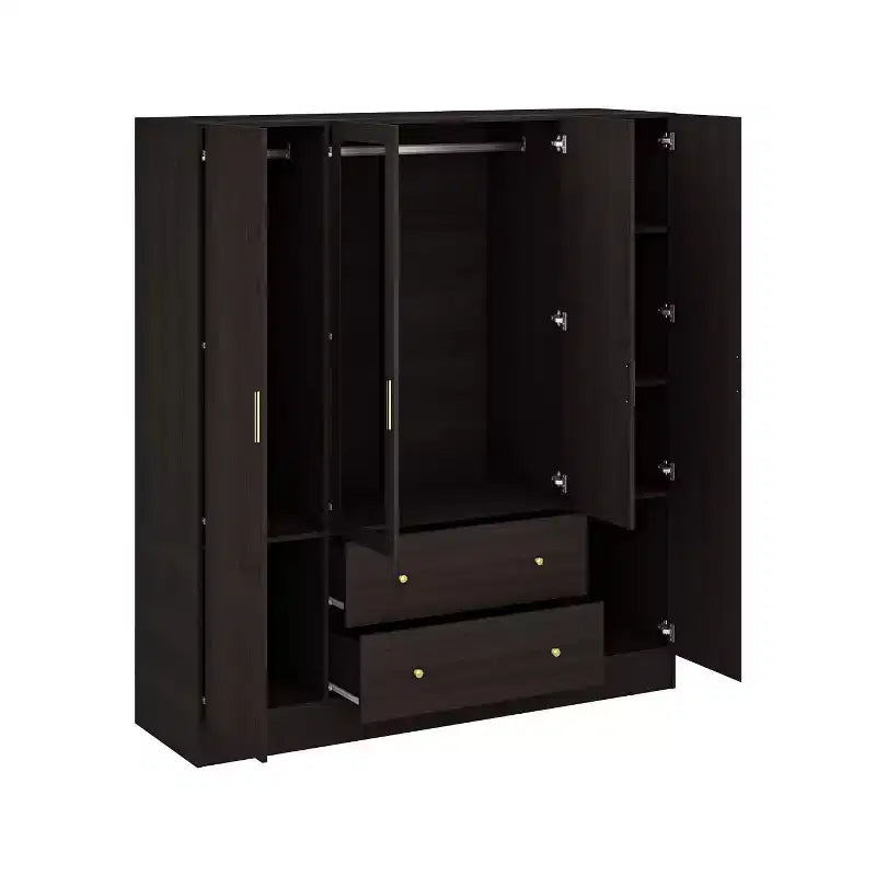 Modern Wardrobe with Mirror, 4-Door Armoire with Drawers