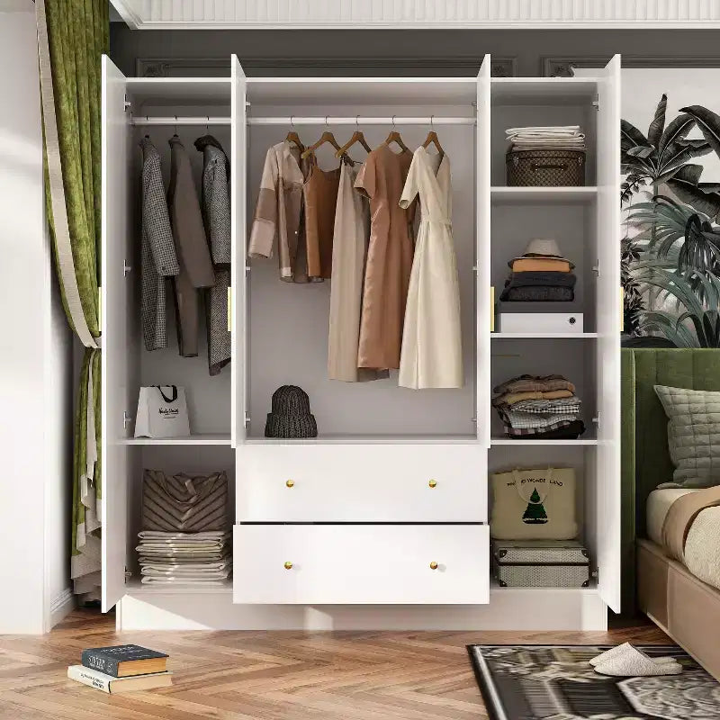 Modern Wardrobe with Mirror, 4-Door Armoire with Drawers