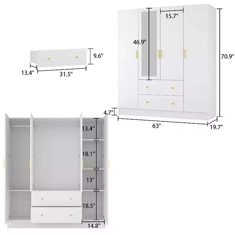 Modern Wardrobe with Mirror, 4-Door Armoire with Drawers
