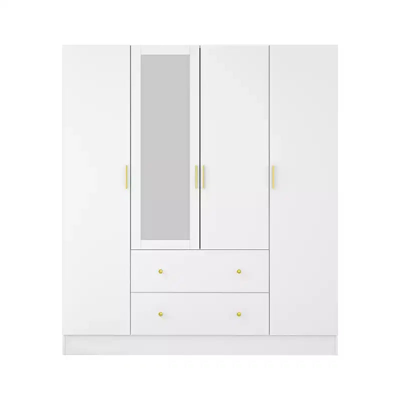 Modern Wardrobe with Mirror, 4-Door Armoire with Drawers