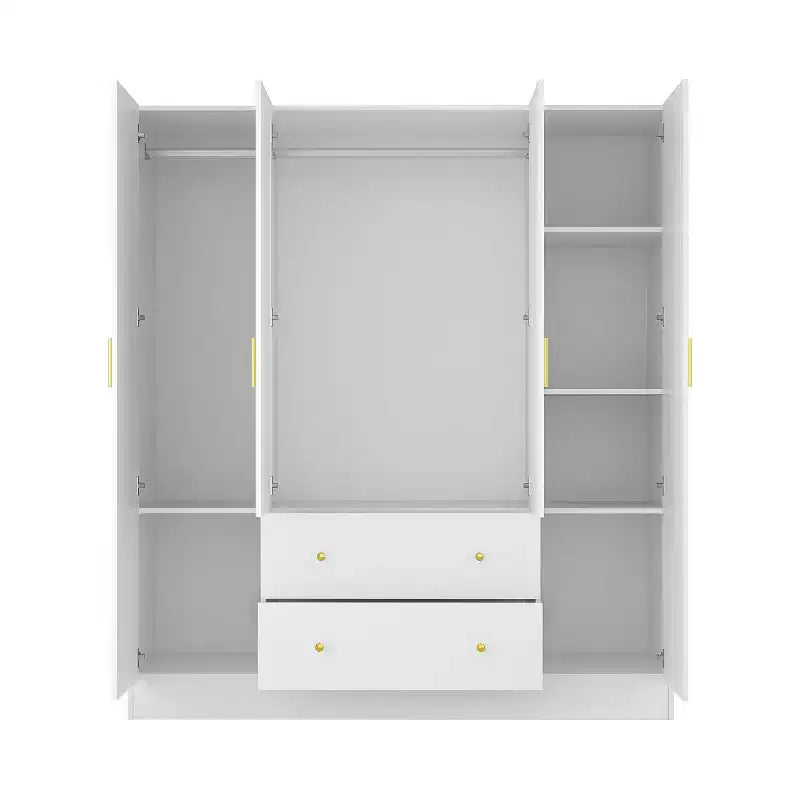 Modern Wardrobe with Mirror, 4-Door Armoire with Drawers