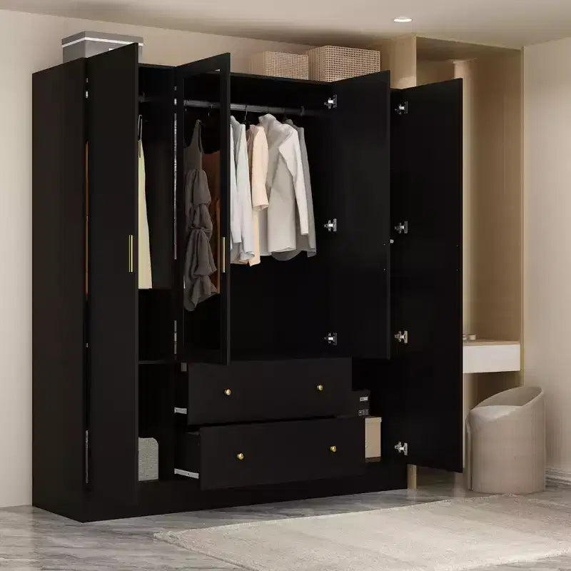Modern Wardrobe with Mirror, 4-Door Armoire with Drawers