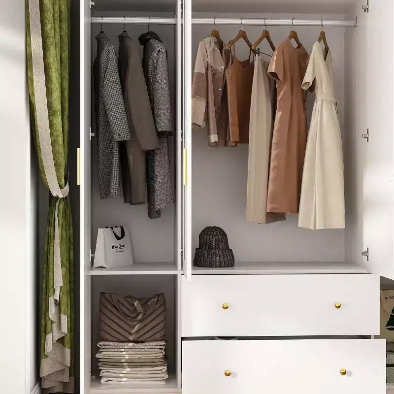 Modern Wardrobe with Mirror, 4-Door Armoire with Drawers