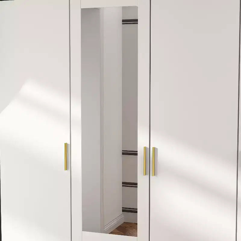 Modern Wardrobe with Mirror, 4-Door Armoire with Drawers