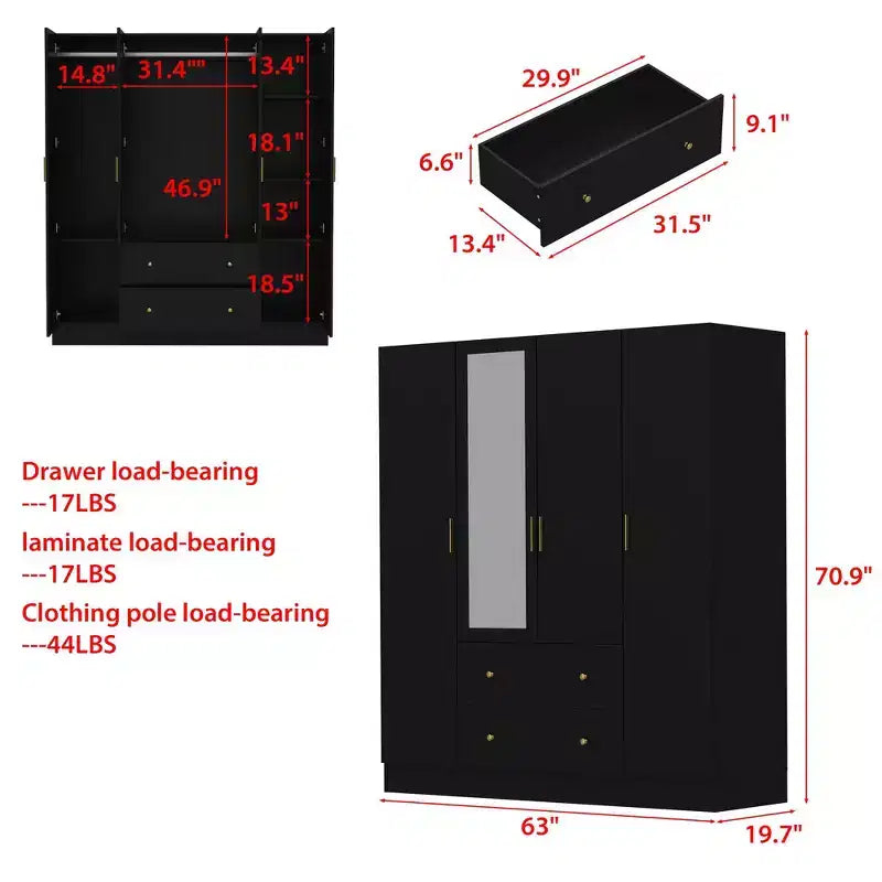 Modern Wardrobe with Mirror, 4-Door Armoire with Drawers