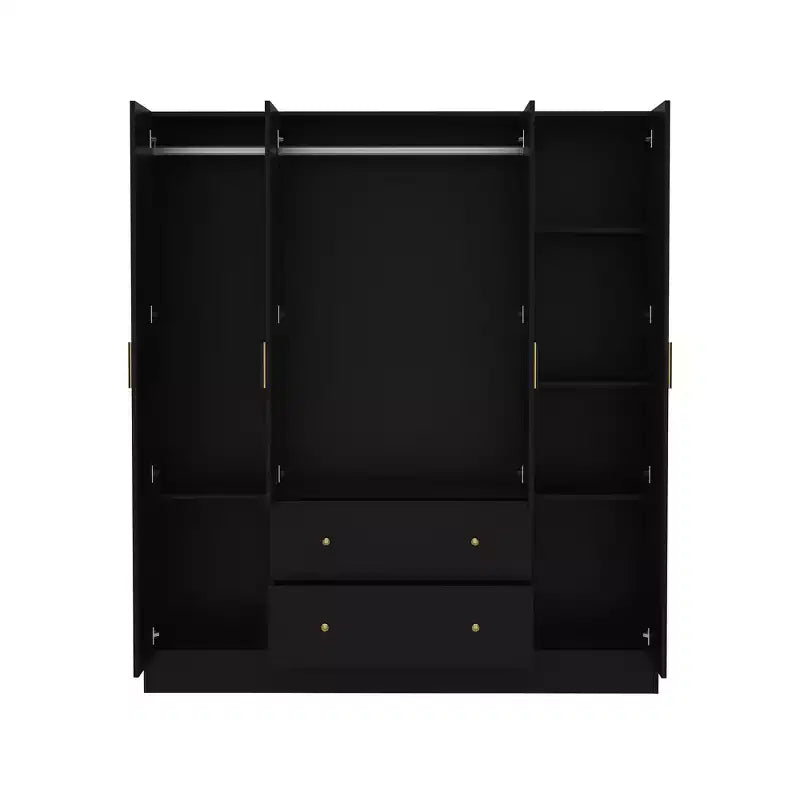 Modern Wardrobe with Mirror, 4-Door Armoire with Drawers