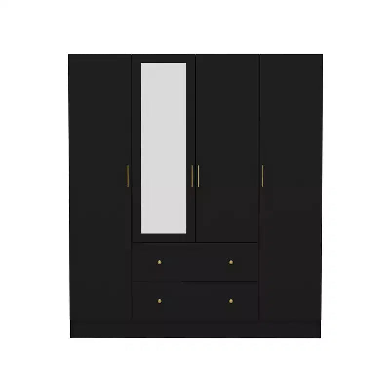 Modern Wardrobe with Mirror, 4-Door Armoire with Drawers