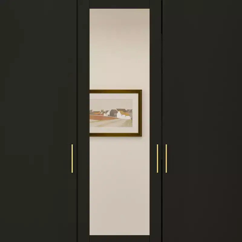 Modern Wardrobe with Mirror, 4-Door Armoire with Drawers