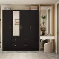 Modern Wardrobe with Mirror, 4-Door Armoire with Drawers