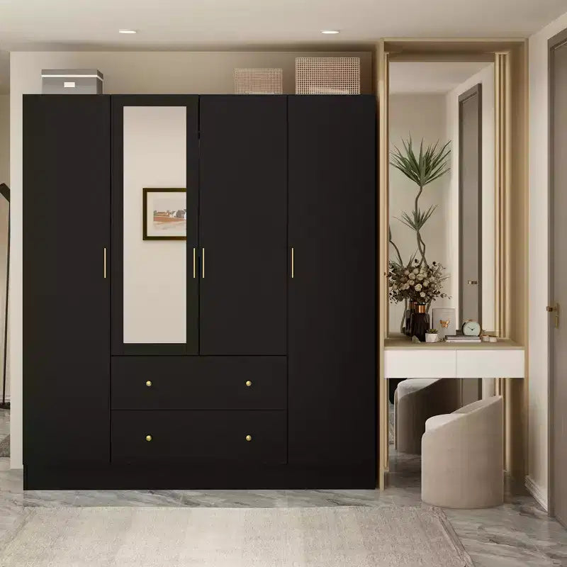 Modern Wardrobe with Mirror, 4-Door Armoire with Drawers