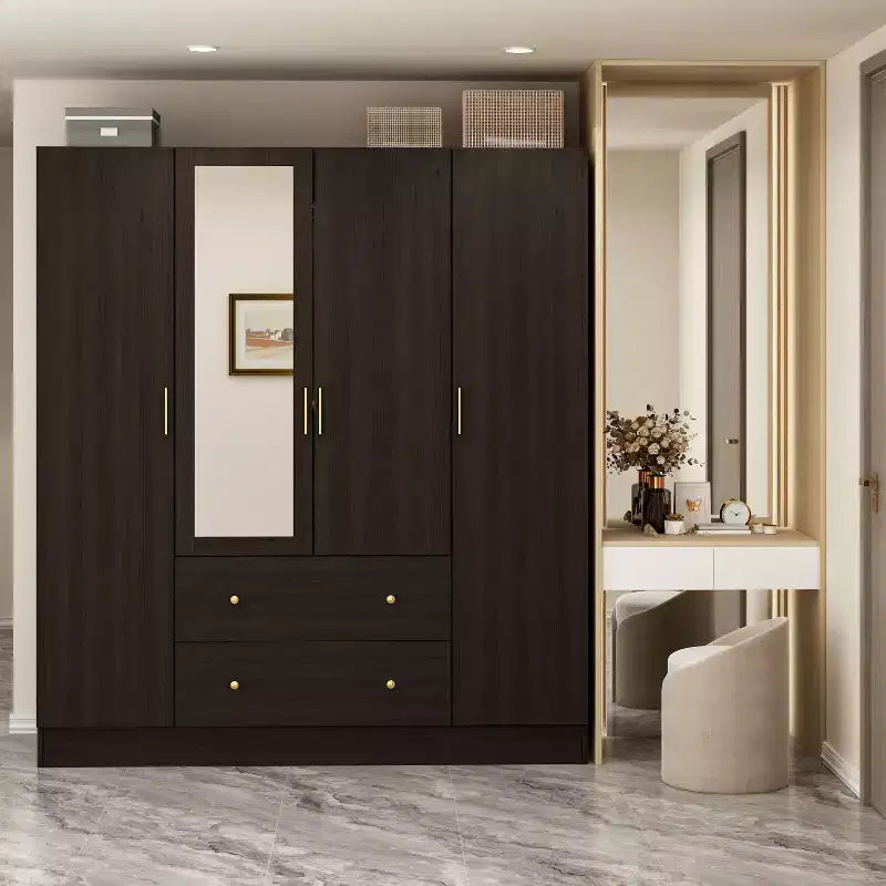 Modern Wardrobe with Mirror, 4-Door Armoire with Drawers