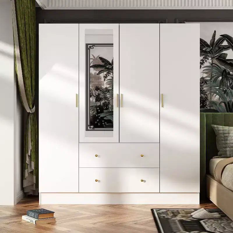 Modern Wardrobe with Mirror, 4-Door Armoire with Drawers